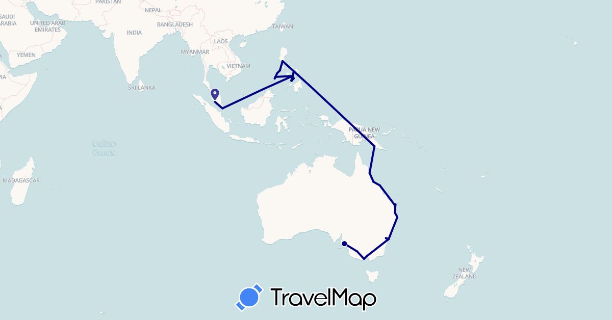 TravelMap itinerary: driving in Australia, Malaysia, Papua New Guinea, Philippines, Singapore (Asia, Oceania)